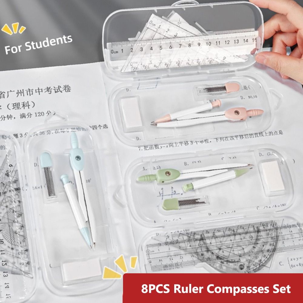 Ruler Set Transparent - 8PCS/Set Plastic Ruler Compasses Set Eraser